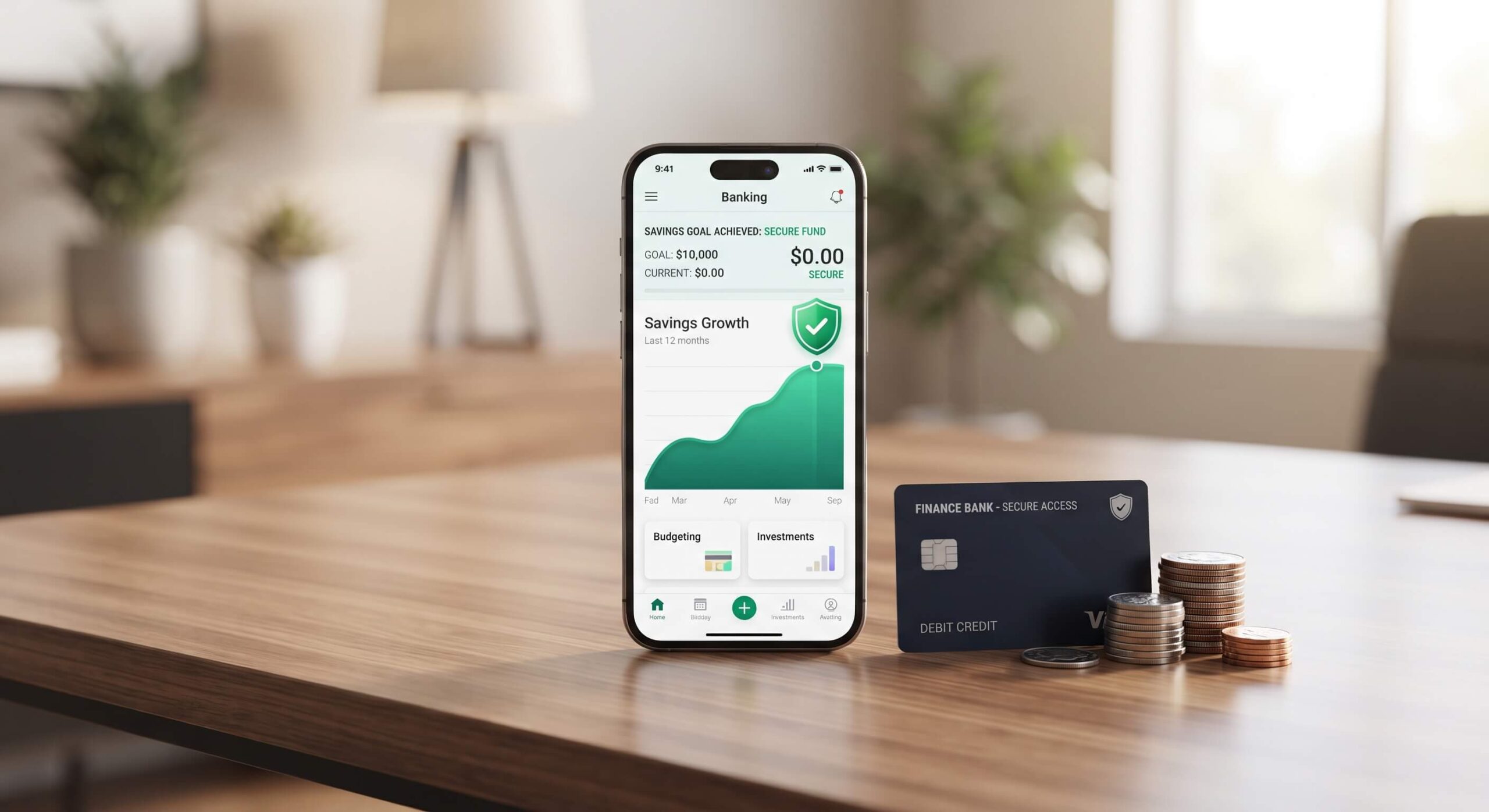 Best high yield savings account with no minimum balance showing a smartphone banking app and growing savings coins.