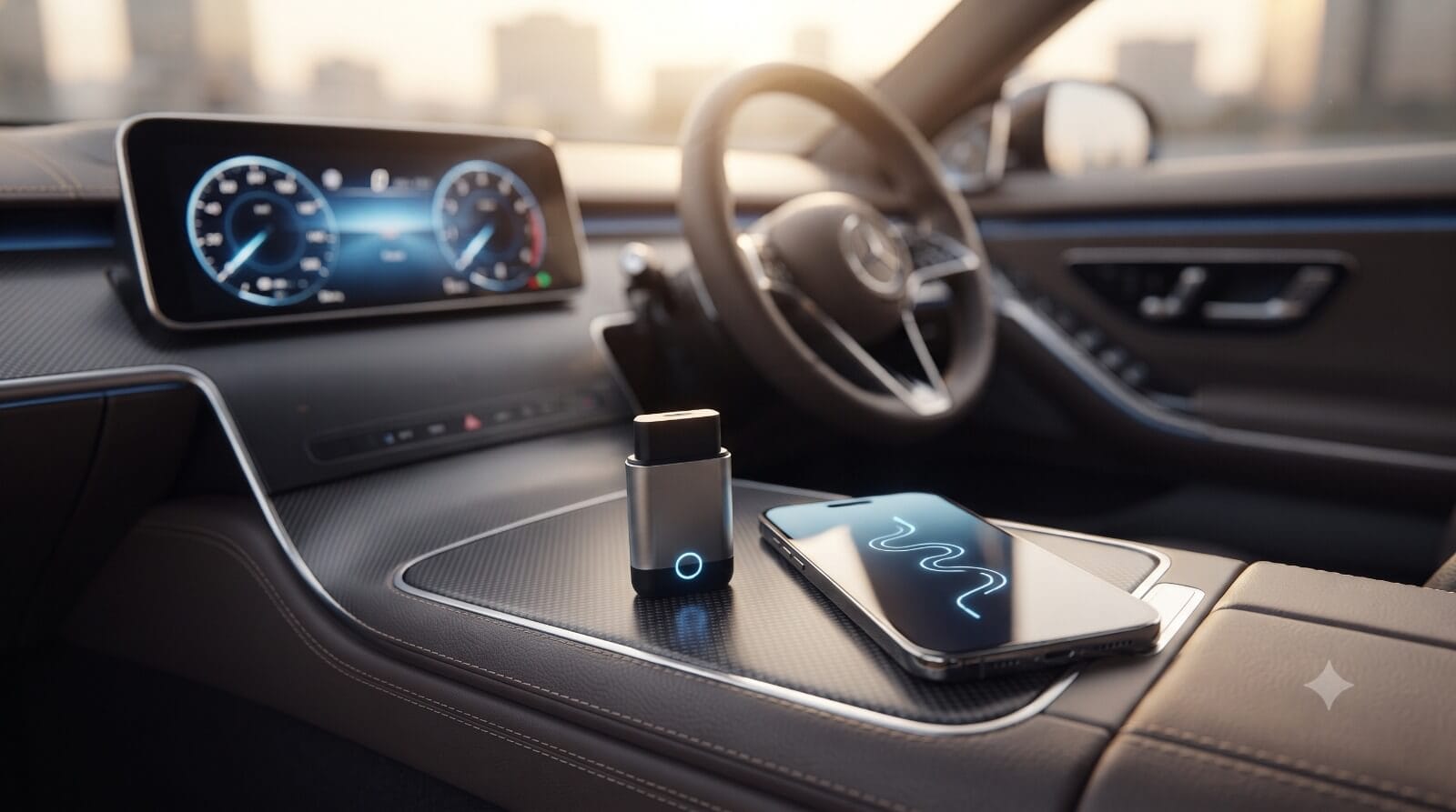 Pay-per-mile car insurance telematics tracking device on a modern vehicle dashboard